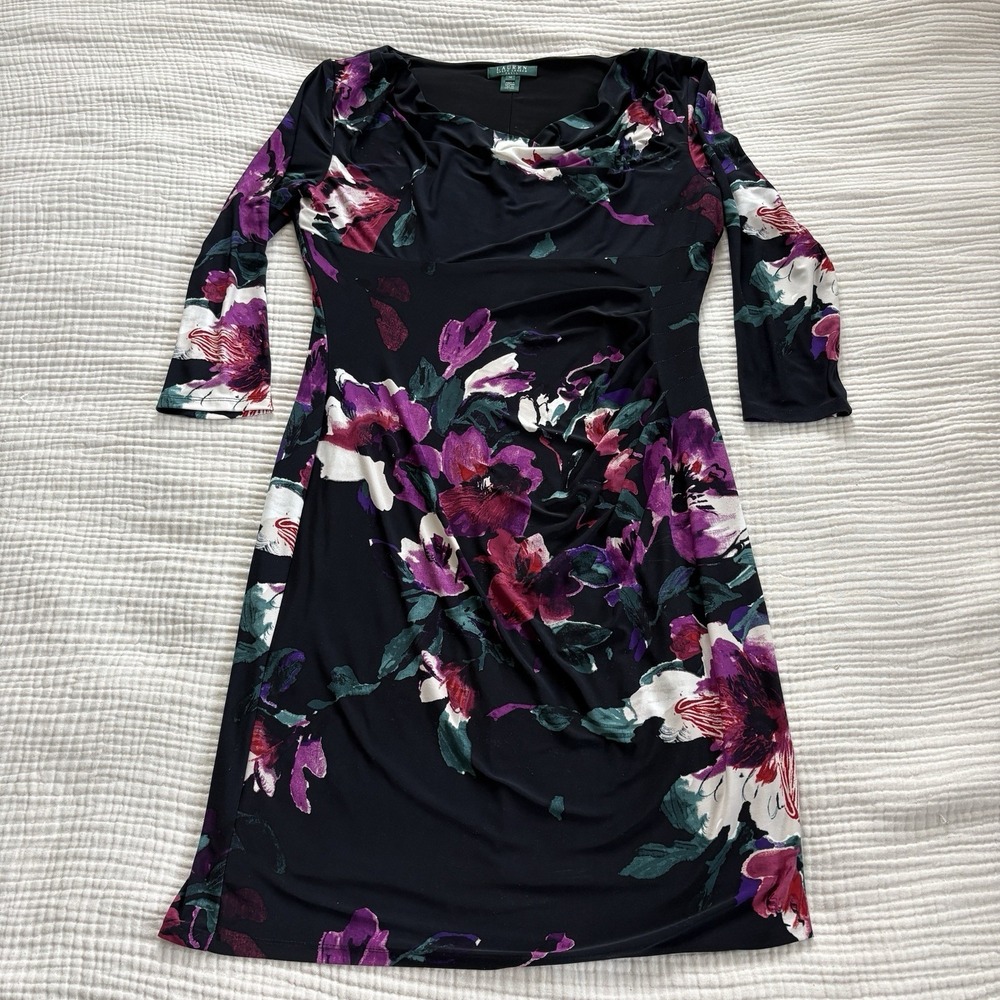 Lauren Ralph Lauren Floral‎ Twist Front Sheath Midi Dress Black Sz 14 Cocktail